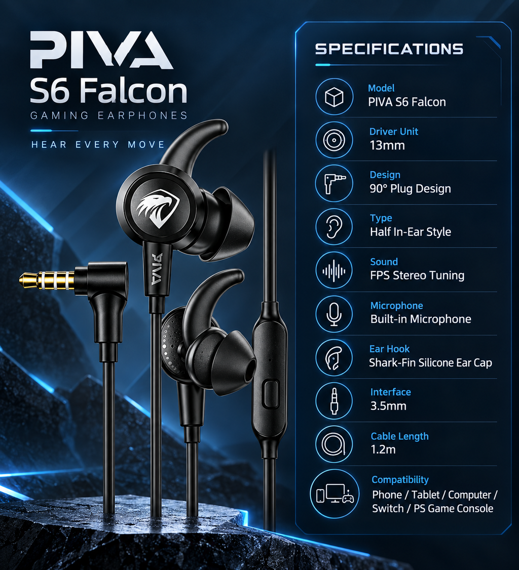 🎮 PIVA S6 Falcon Gaming Earphones – 13mm Stereo Sound | 3.5mm Wired Gaming Headset with HD Mic