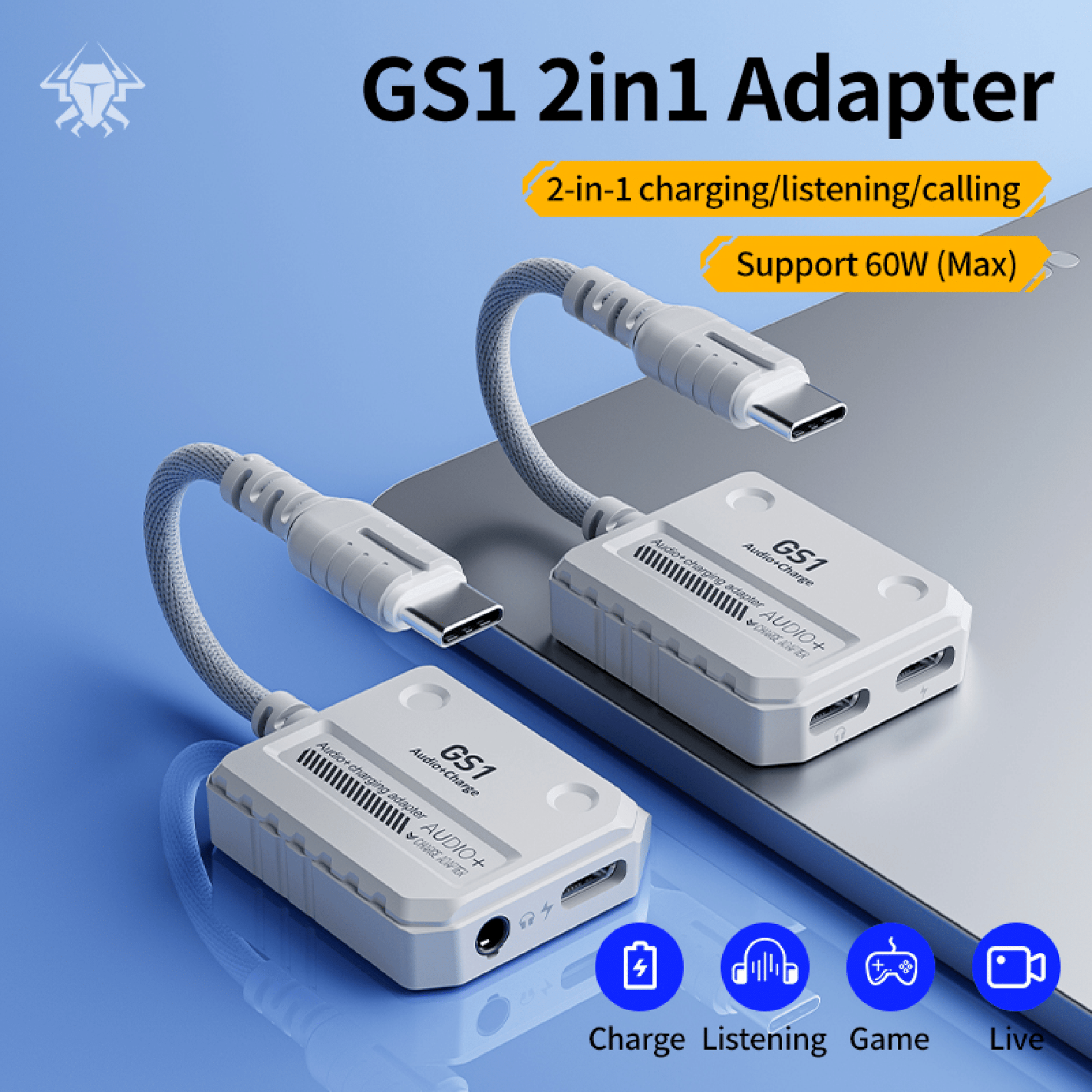2 in 1 Splitter Type C - 3.5mm & Type C + C Plextone GS1 Adapter with Charging - White