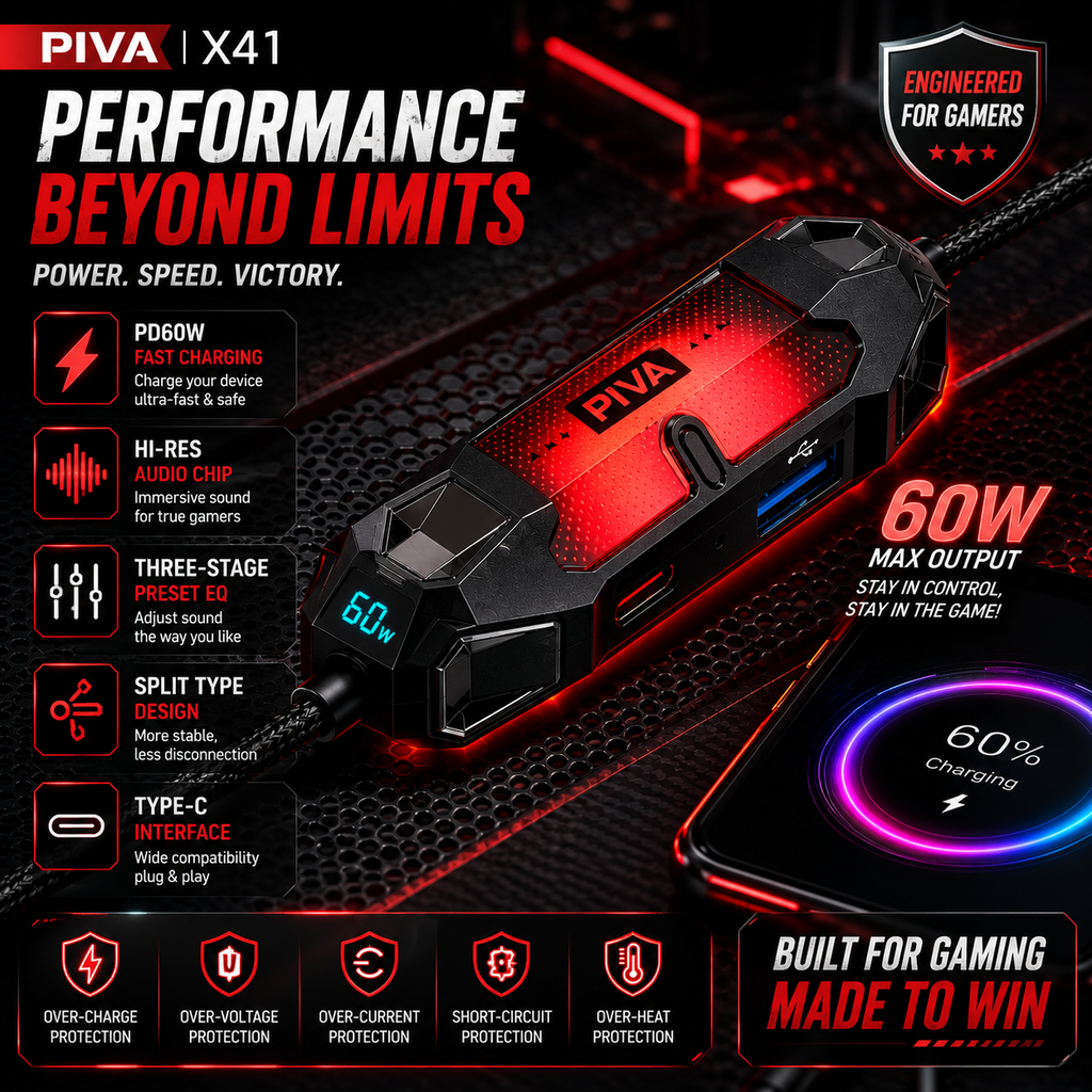PIVA X41 Gaming Sound Card Splitter🎮 | 60W PD Fast Charging ⚡ | Hi-Res DAC Audio | 3-Stage EQ