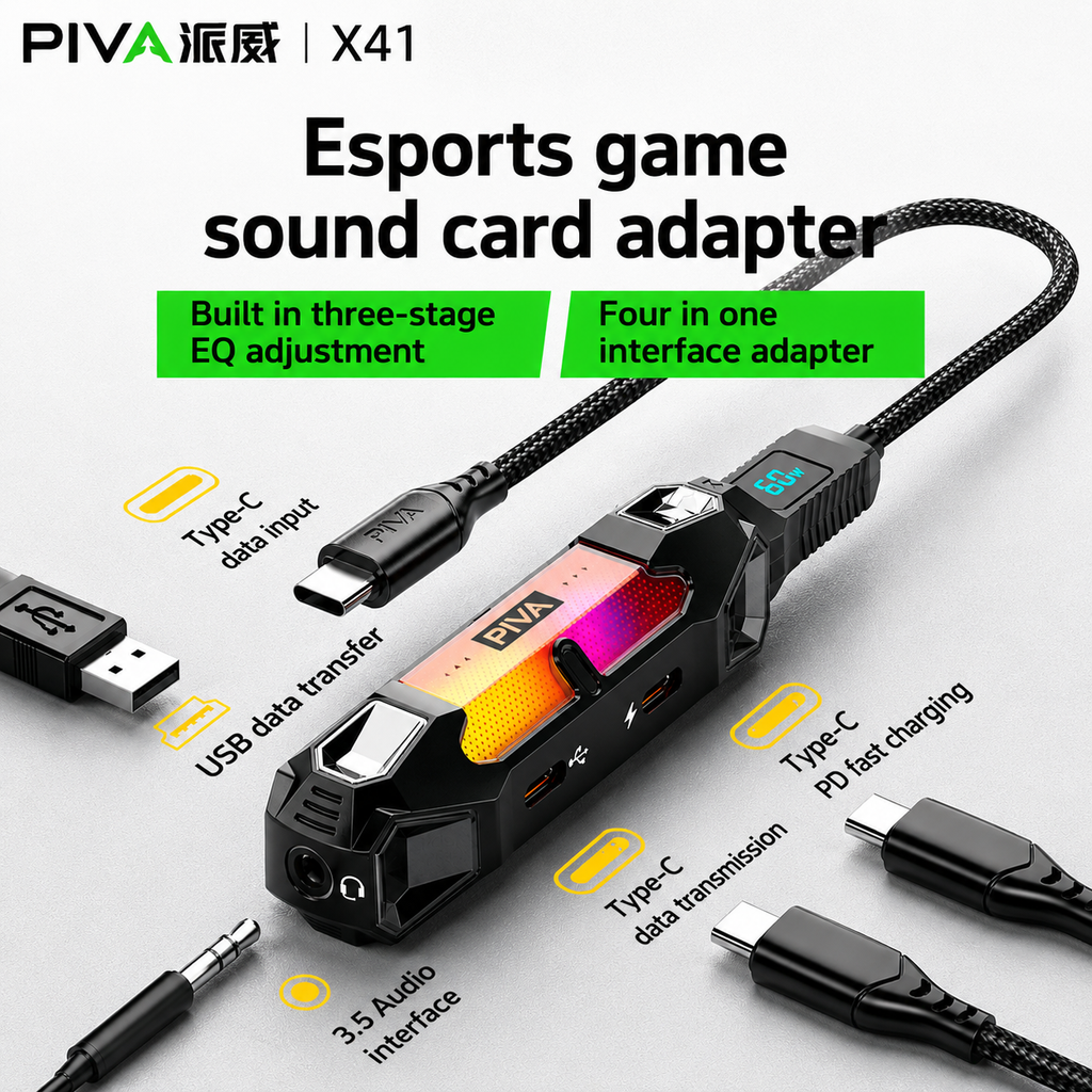 PIVA X41 Gaming Sound Card Splitter🎮 | 60W PD Fast Charging ⚡ | Hi-Res DAC Audio | 3-Stage EQ
