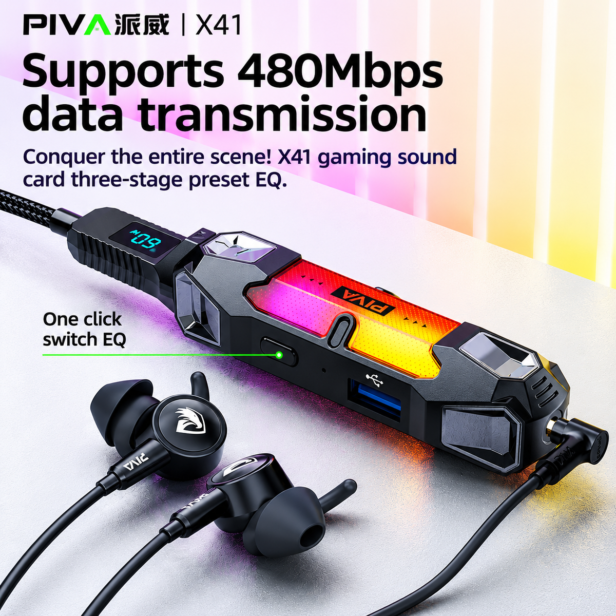PIVA X41 Gaming Sound Card Splitter🎮 | 60W PD Fast Charging ⚡ | Hi-Res DAC Audio | 3-Stage EQ