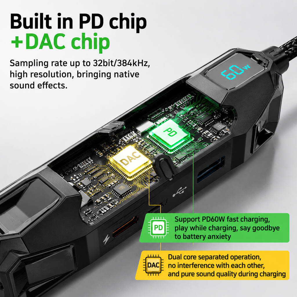 PIVA X41 Gaming Sound Card Splitter🎮 | 60W PD Fast Charging ⚡ | Hi-Res DAC Audio | 3-Stage EQ